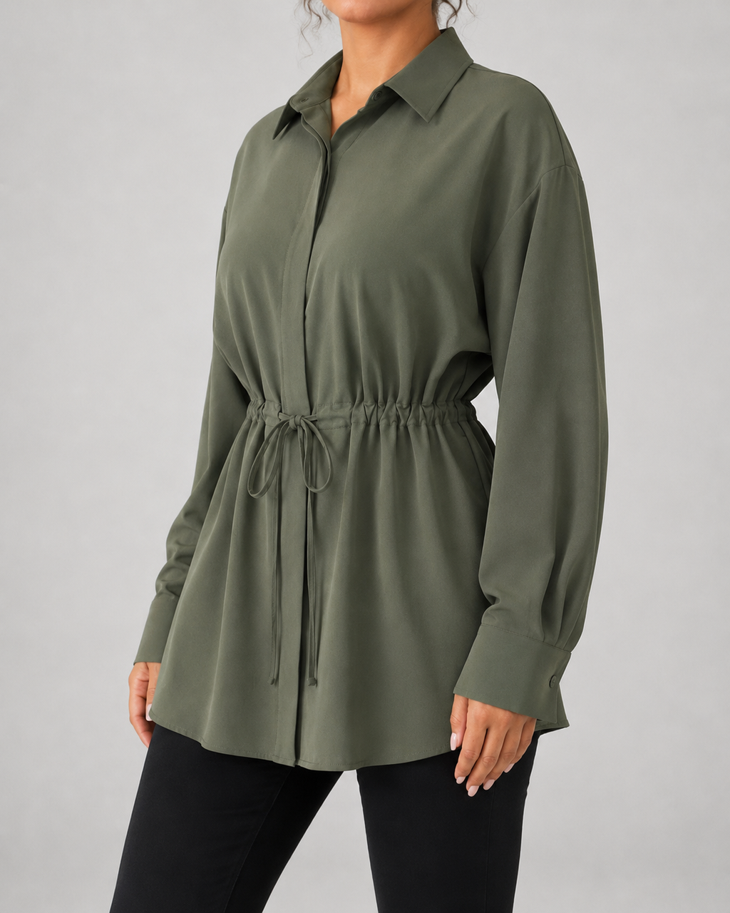 Drawstring Waist Longline Shirt Blouse