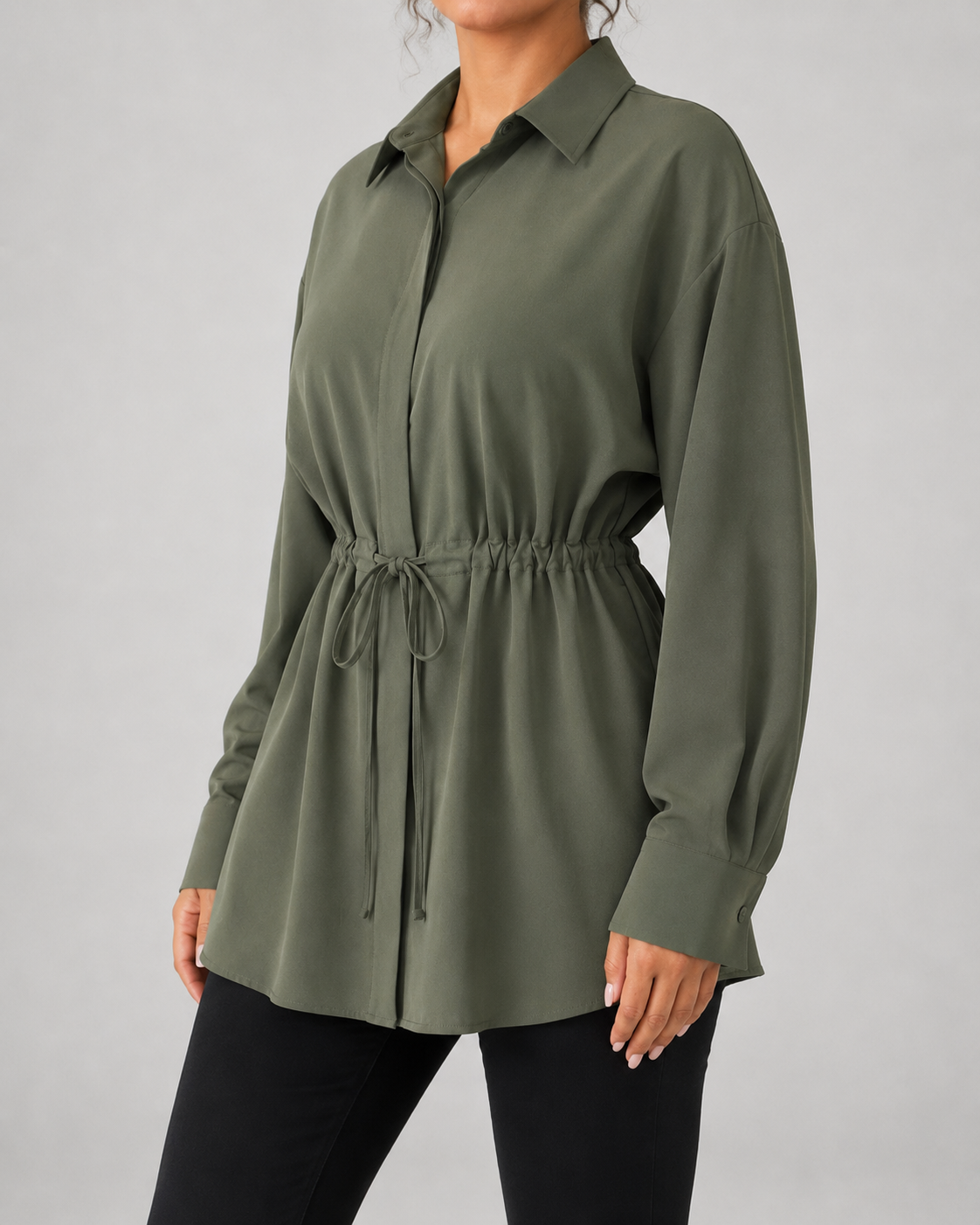 Drawstring Waist Longline Shirt Blouse