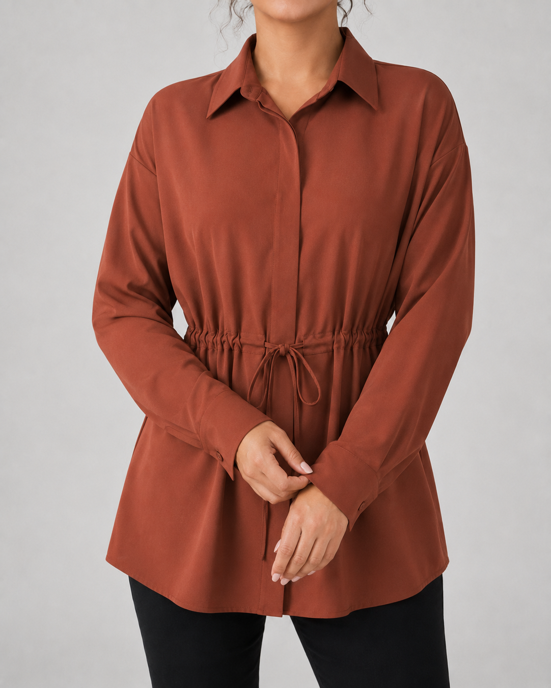 Drawstring Waist Longline Shirt Blouse