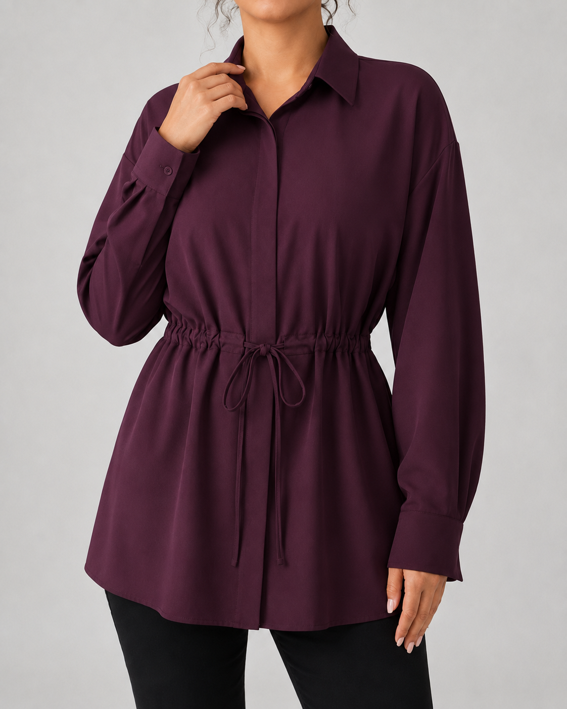 Drawstring Waist Longline Shirt Blouse