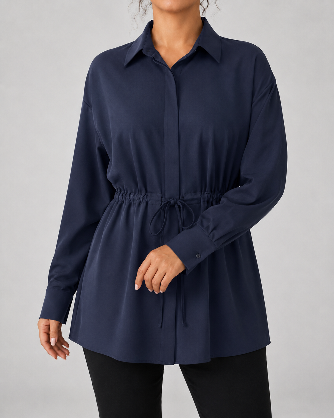 Drawstring Waist Longline Shirt Blouse