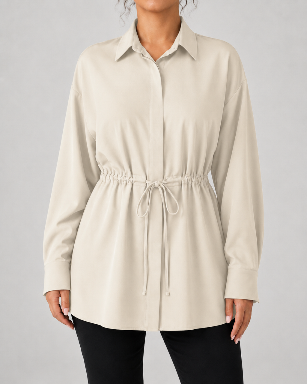 Drawstring Waist Longline Shirt Blouse