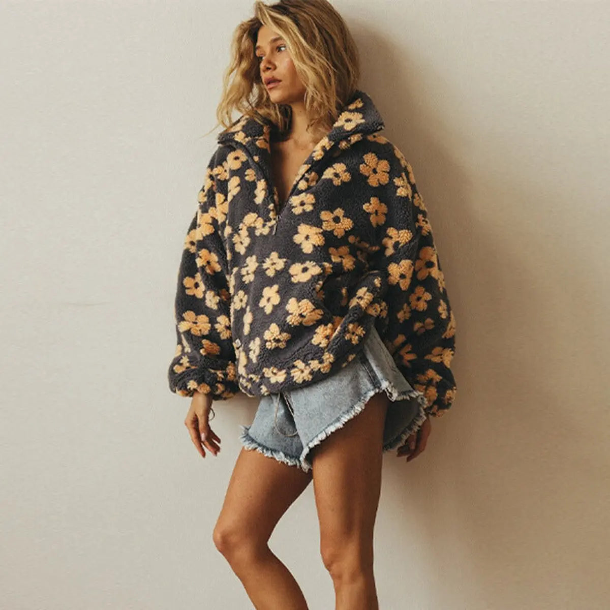 Daisy Print Sherpa Fleece Sweater