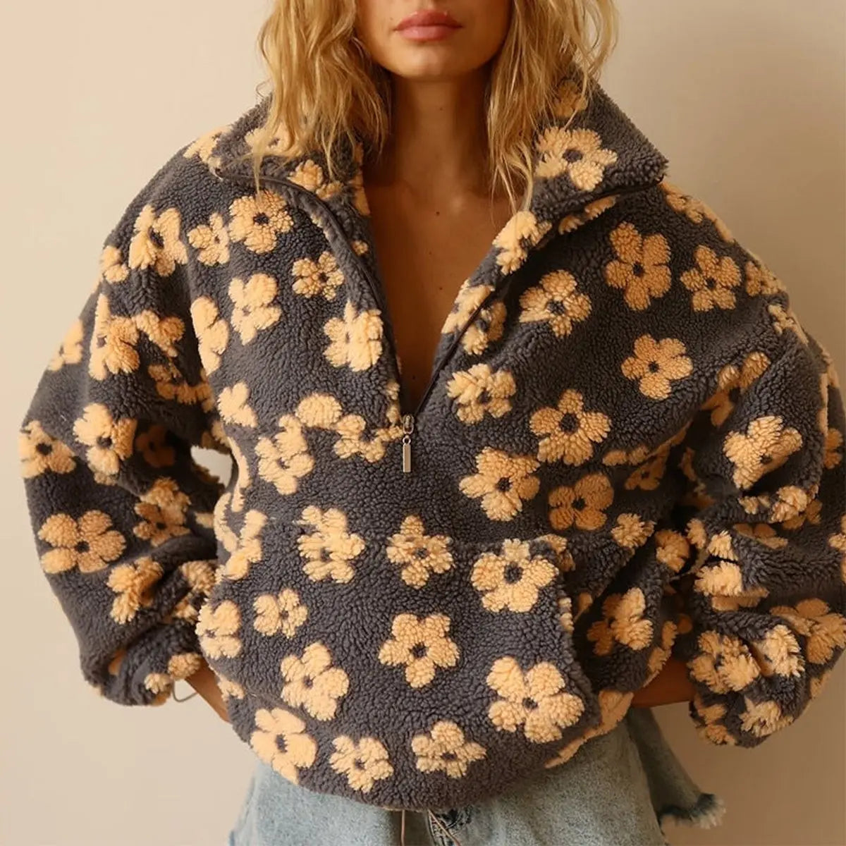 Daisy Print Sherpa Fleece Sweater