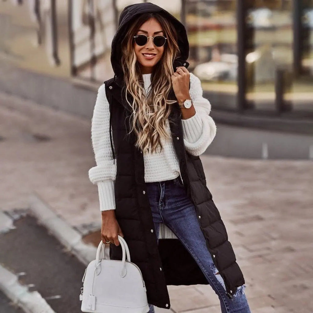 Long Hooded Quilted Puffer Gilet