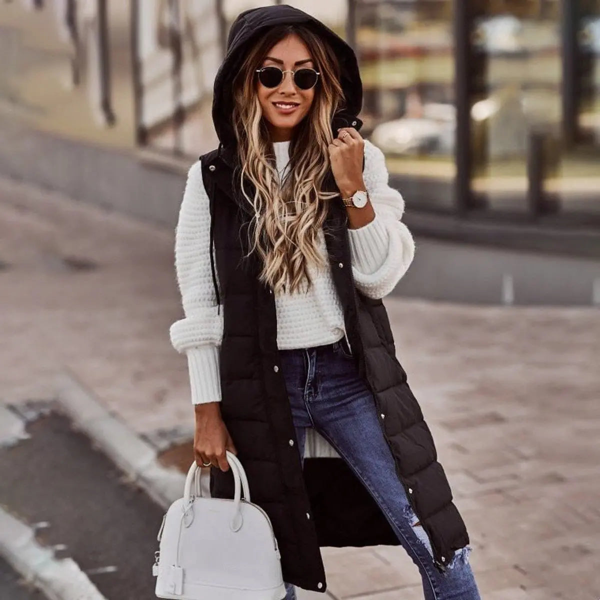 Long Hooded Quilted Puffer Gilet