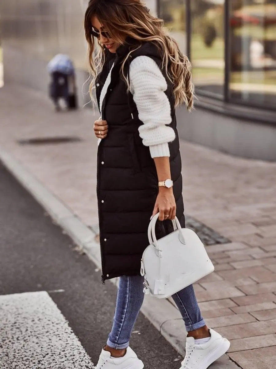 Long Hooded Quilted Puffer Gilet