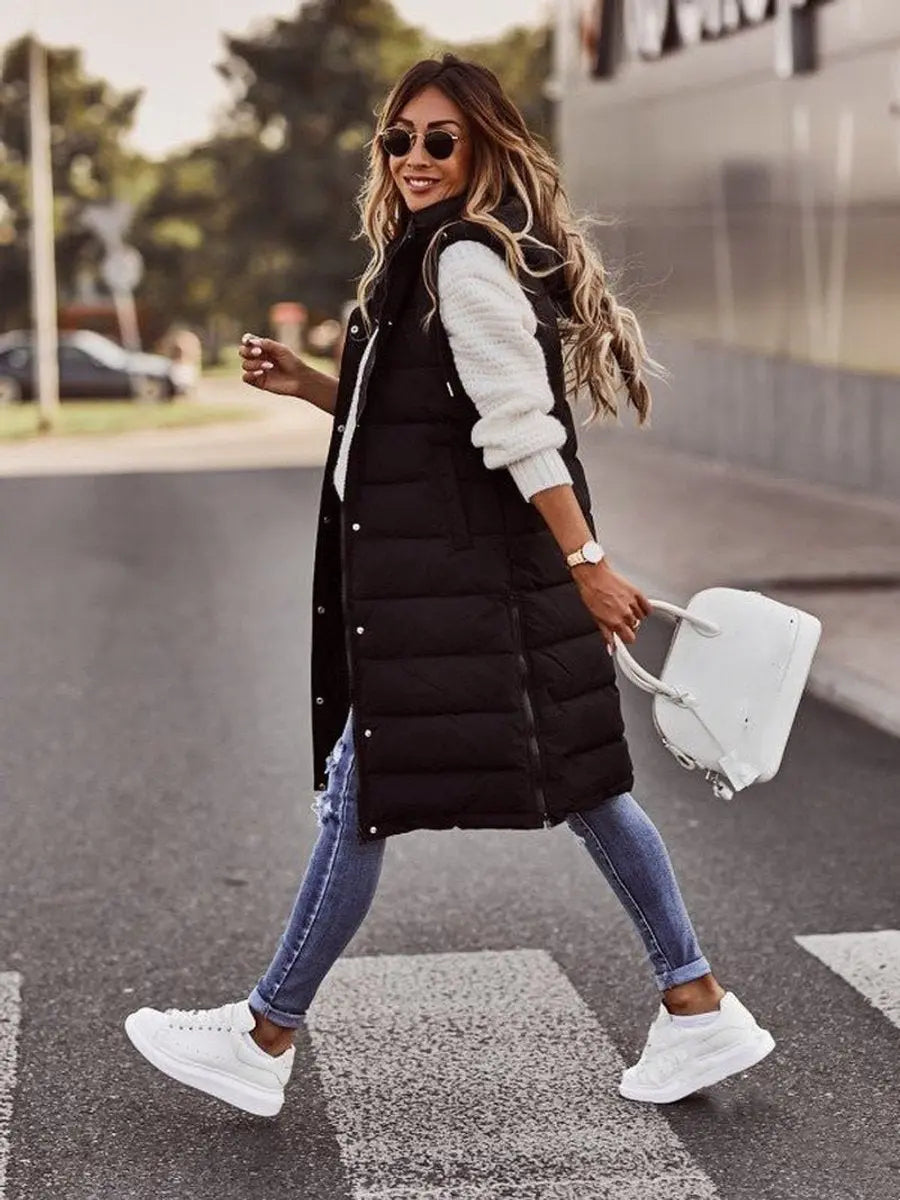 Long Hooded Quilted Puffer Gilet