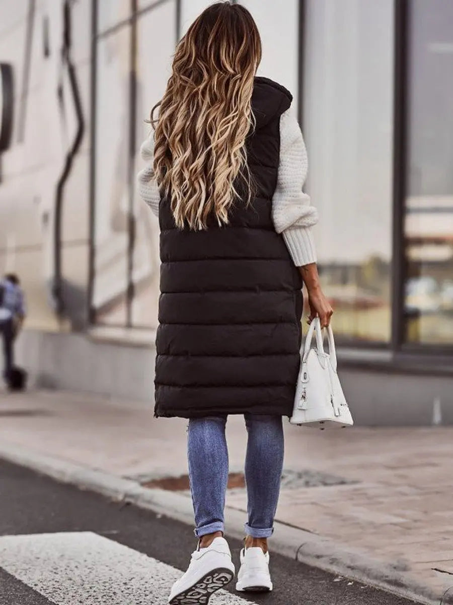Long Hooded Quilted Puffer Gilet