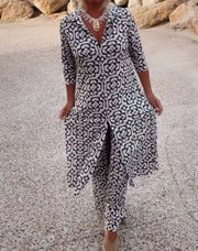 Women's Printed Two-Piece Blouse Straight-Leg Trouser Set