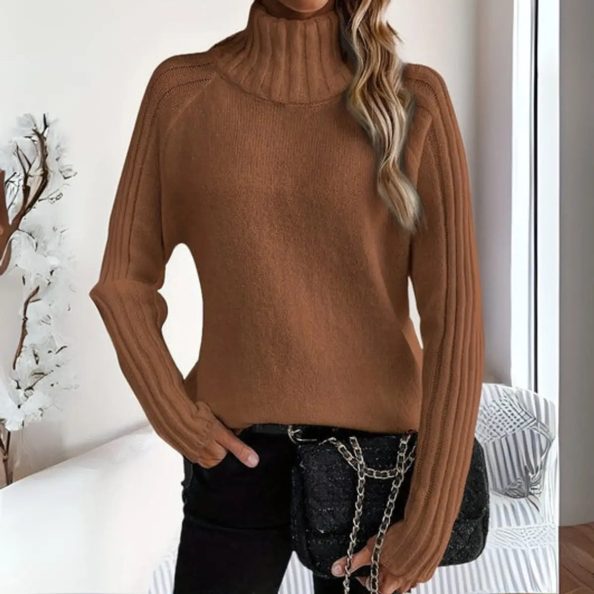 Freya | Women's Ribbed Knit Turtleneck Sweater Relaxed Fit Jumper