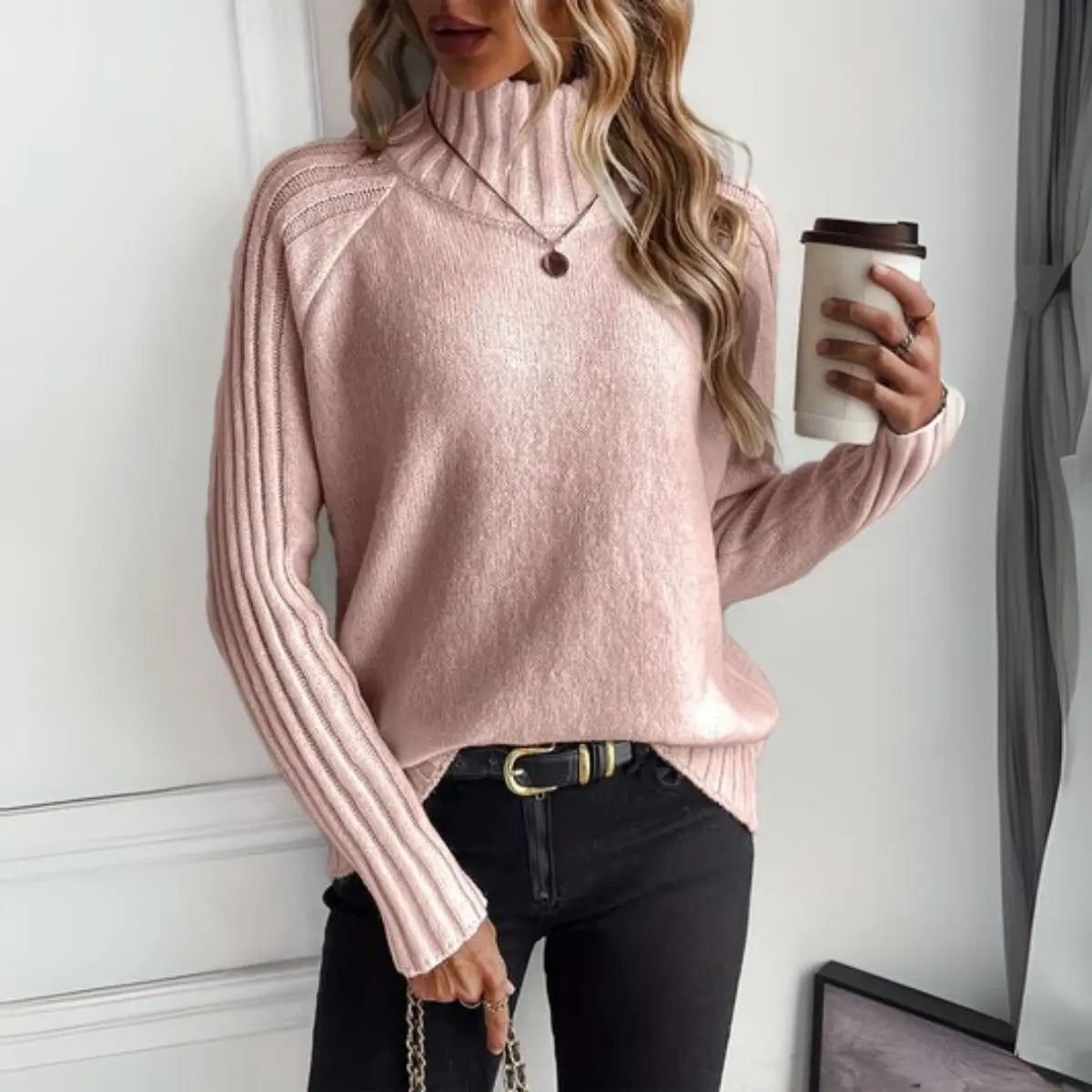 Freya | Women's Ribbed Knit Turtleneck Sweater Relaxed Fit Jumper