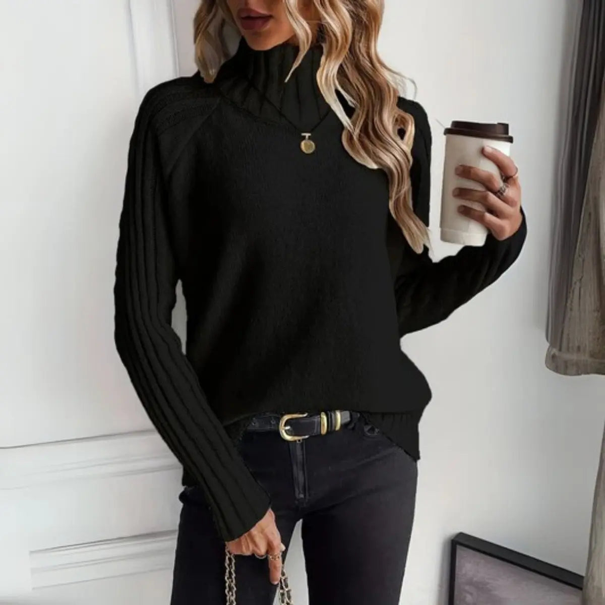 Freya | Women's Ribbed Knit Turtleneck Sweater Relaxed Fit Jumper
