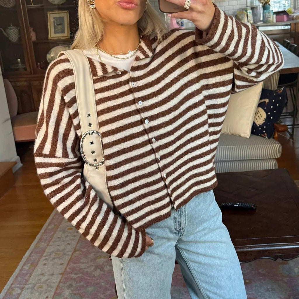 Striped Stand Collar Knit Cardigan