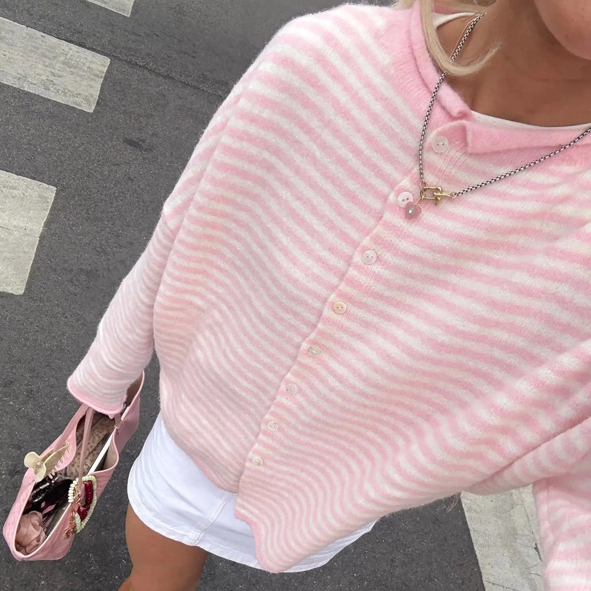 Striped Stand Collar Knit Cardigan