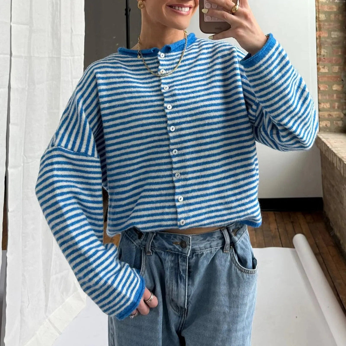 Striped Stand Collar Knit Cardigan