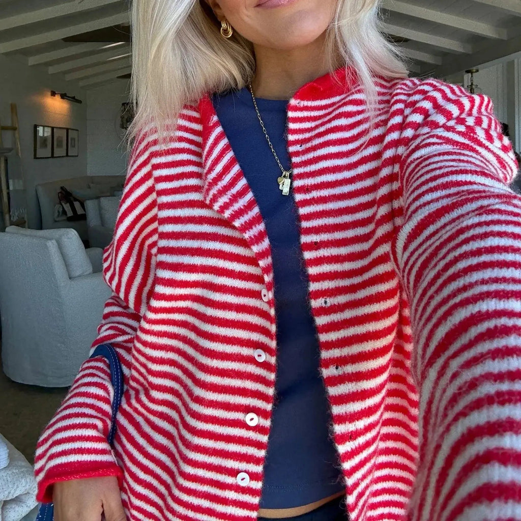 Striped Stand Collar Knit Cardigan
