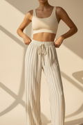 Striped Linen Blend Wide Leg Trousers