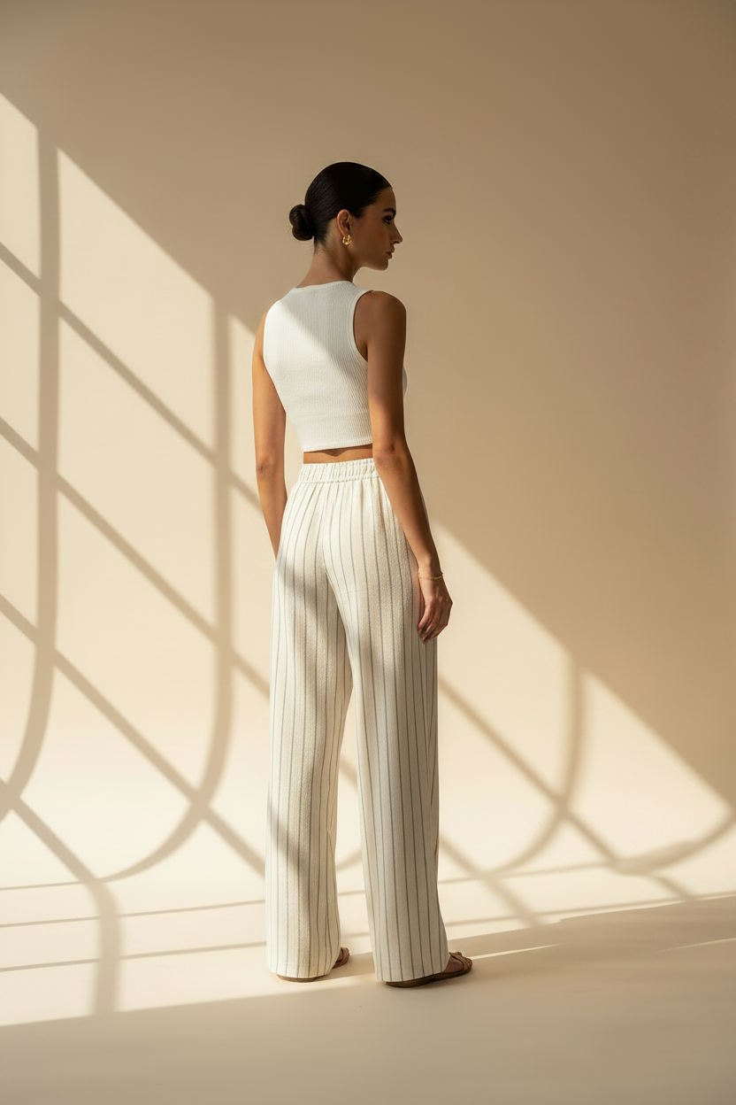 Striped Linen Blend Wide Leg Trousers