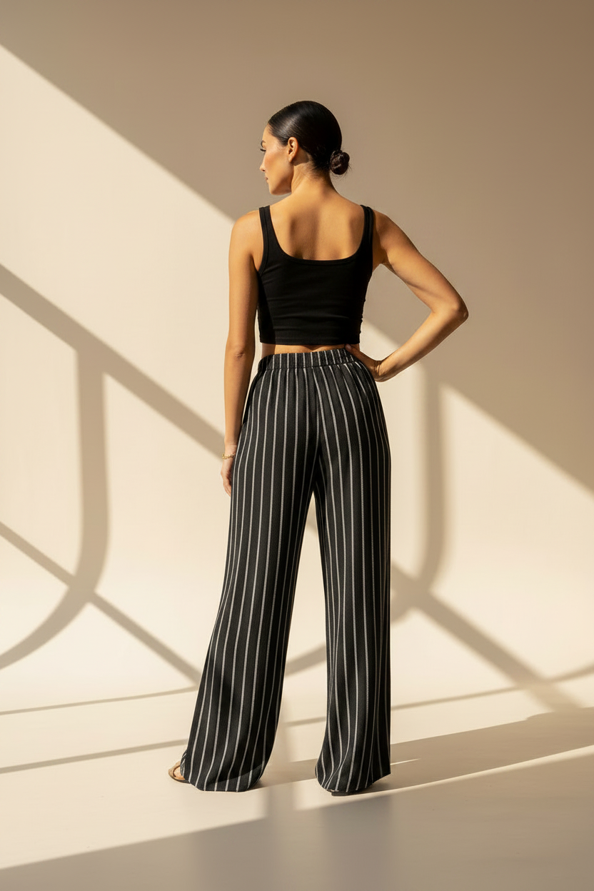 Striped Linen Blend Wide Leg Trousers