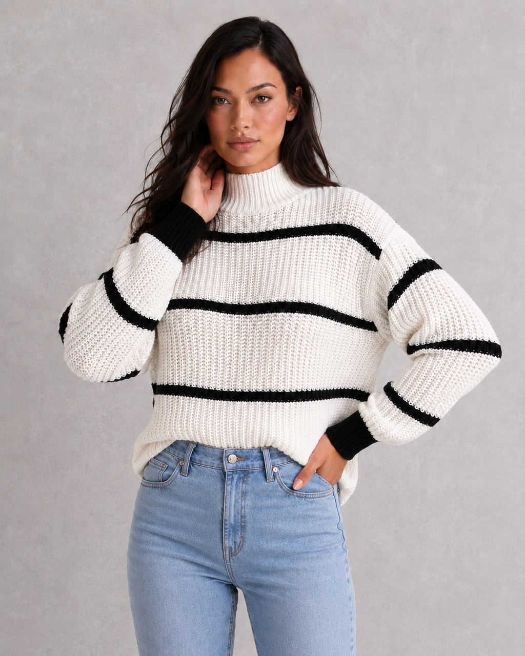 Striped Mock Neck Lantern Sleeve Jumper