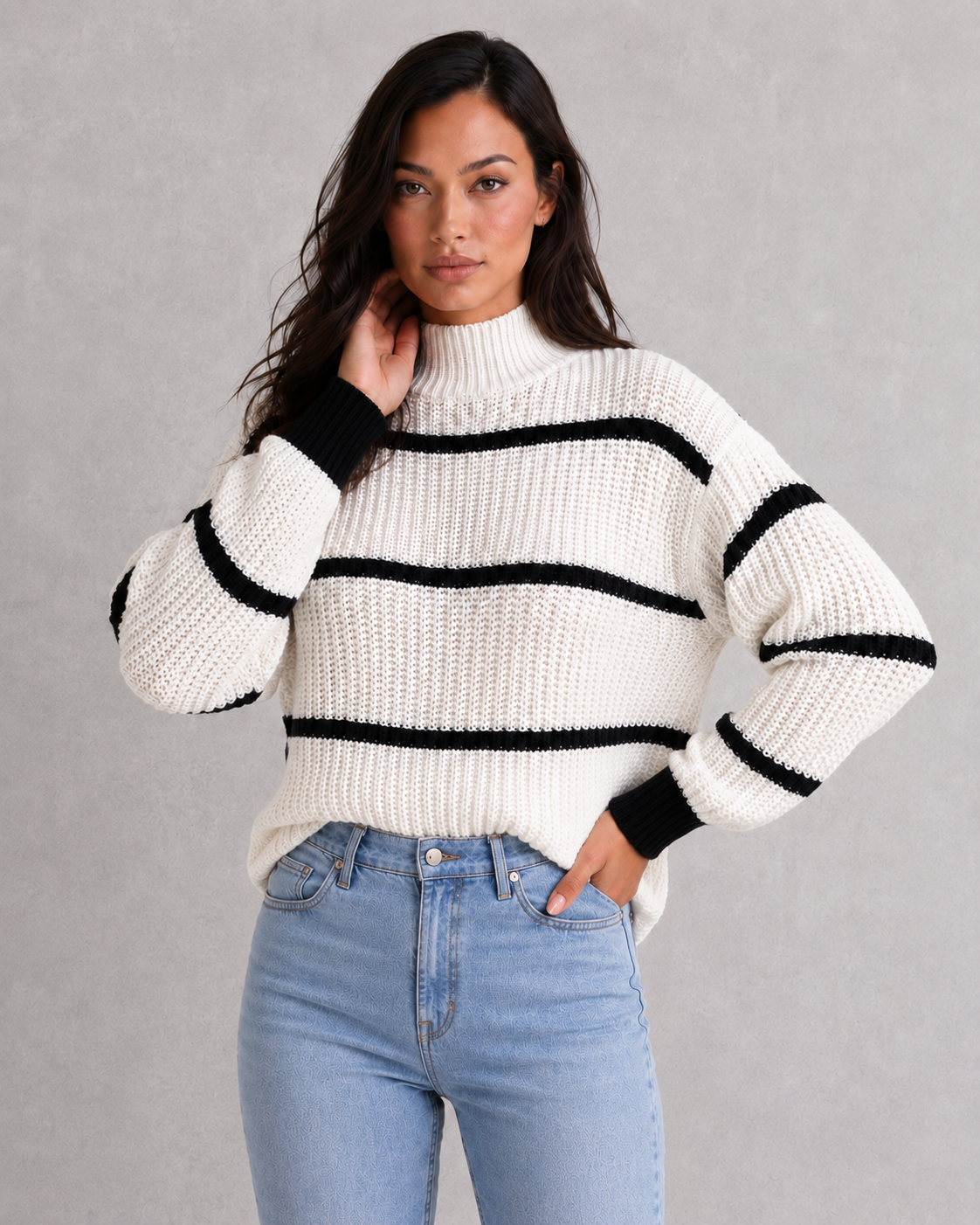 Striped Mock Neck Lantern Sleeve Jumper