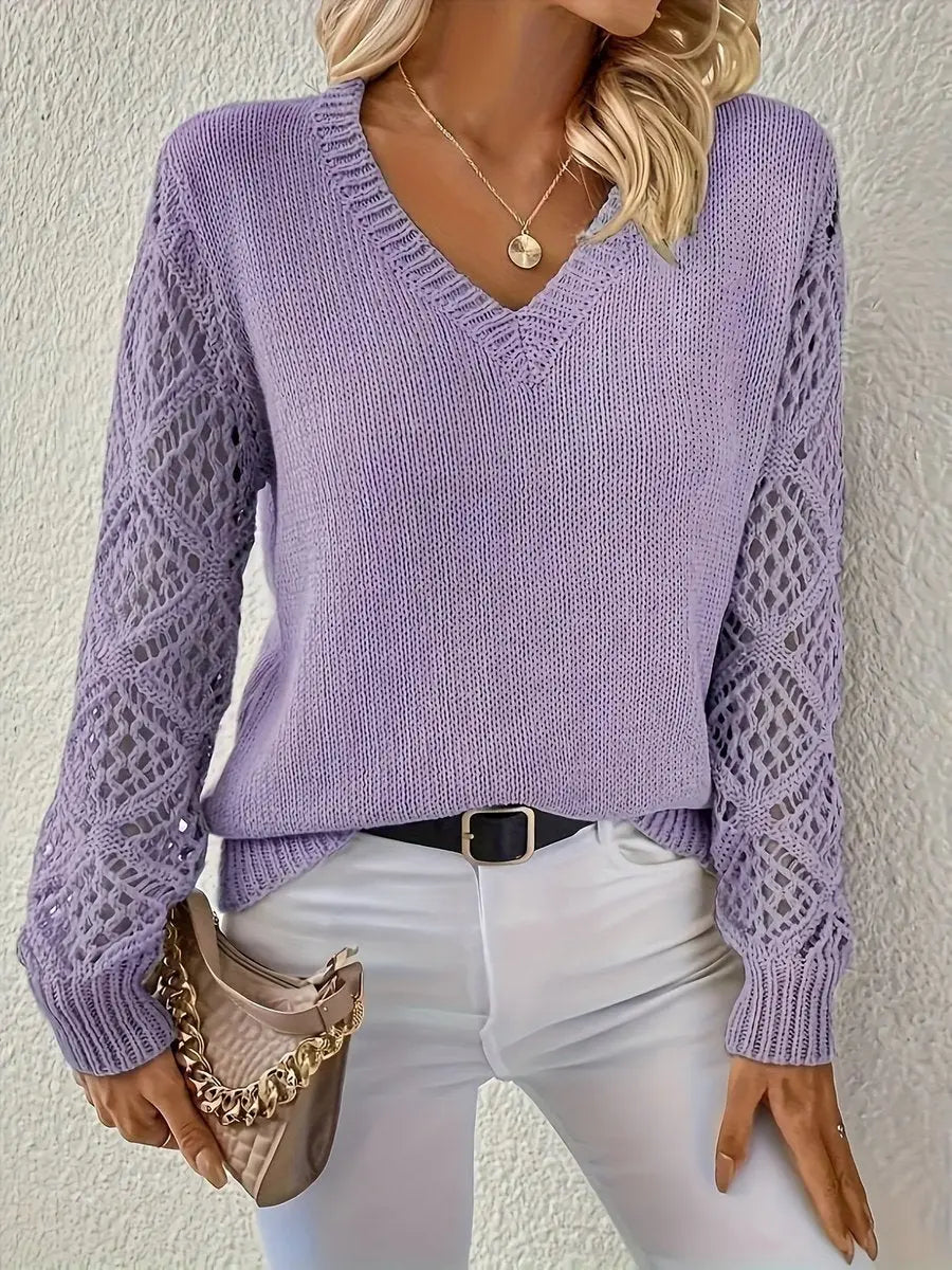V-Neck Openwork Sleeve Knit Jumper