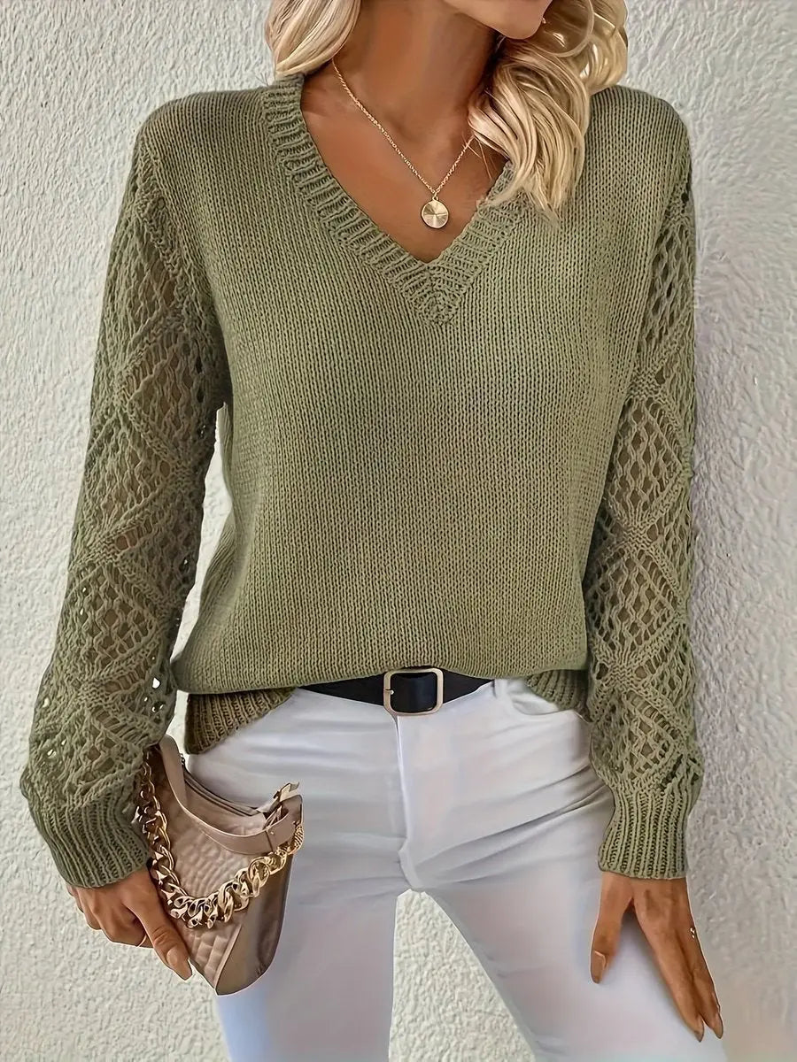 V-Neck Openwork Sleeve Knit Jumper