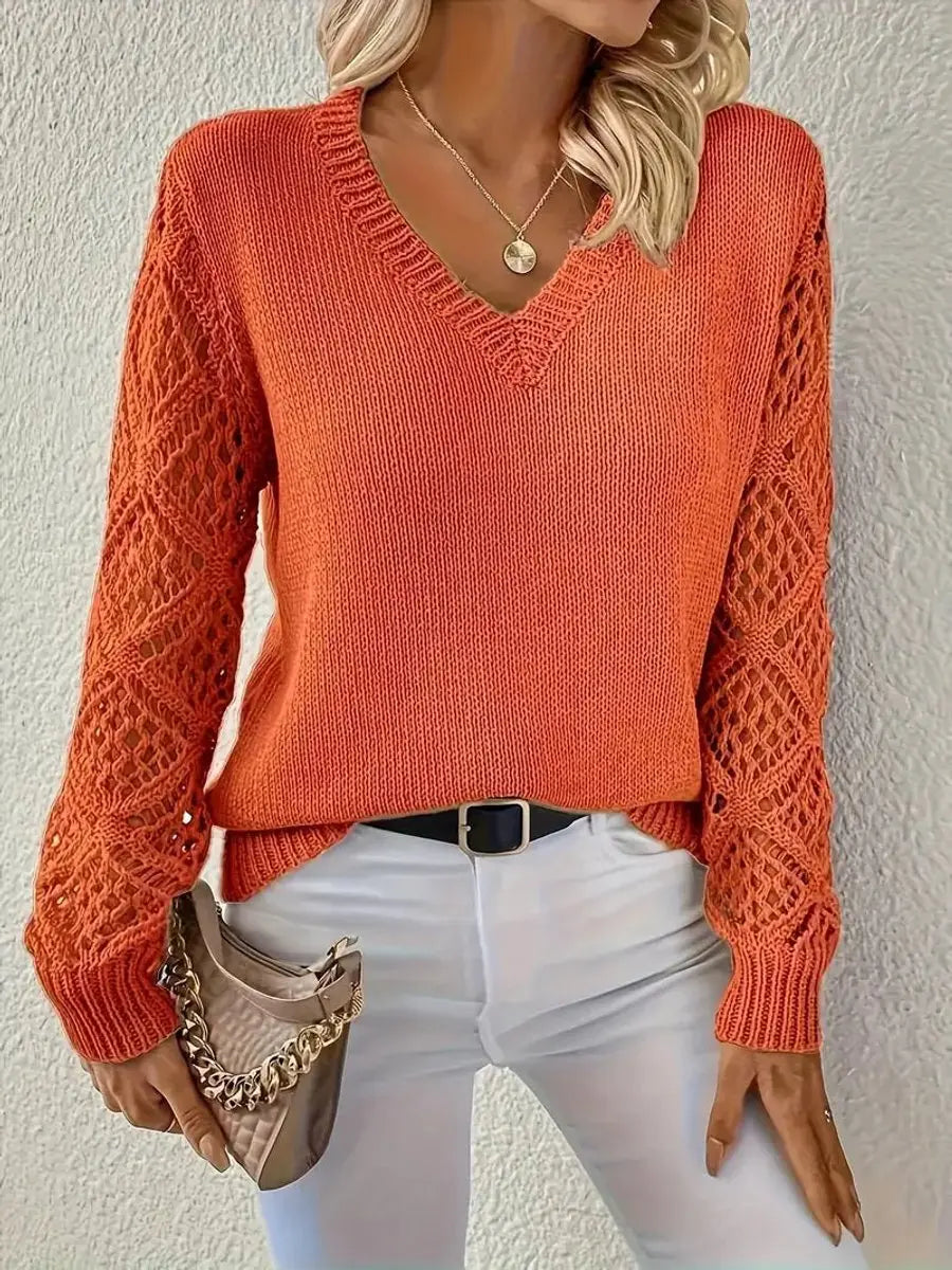 V-Neck Openwork Sleeve Knit Jumper