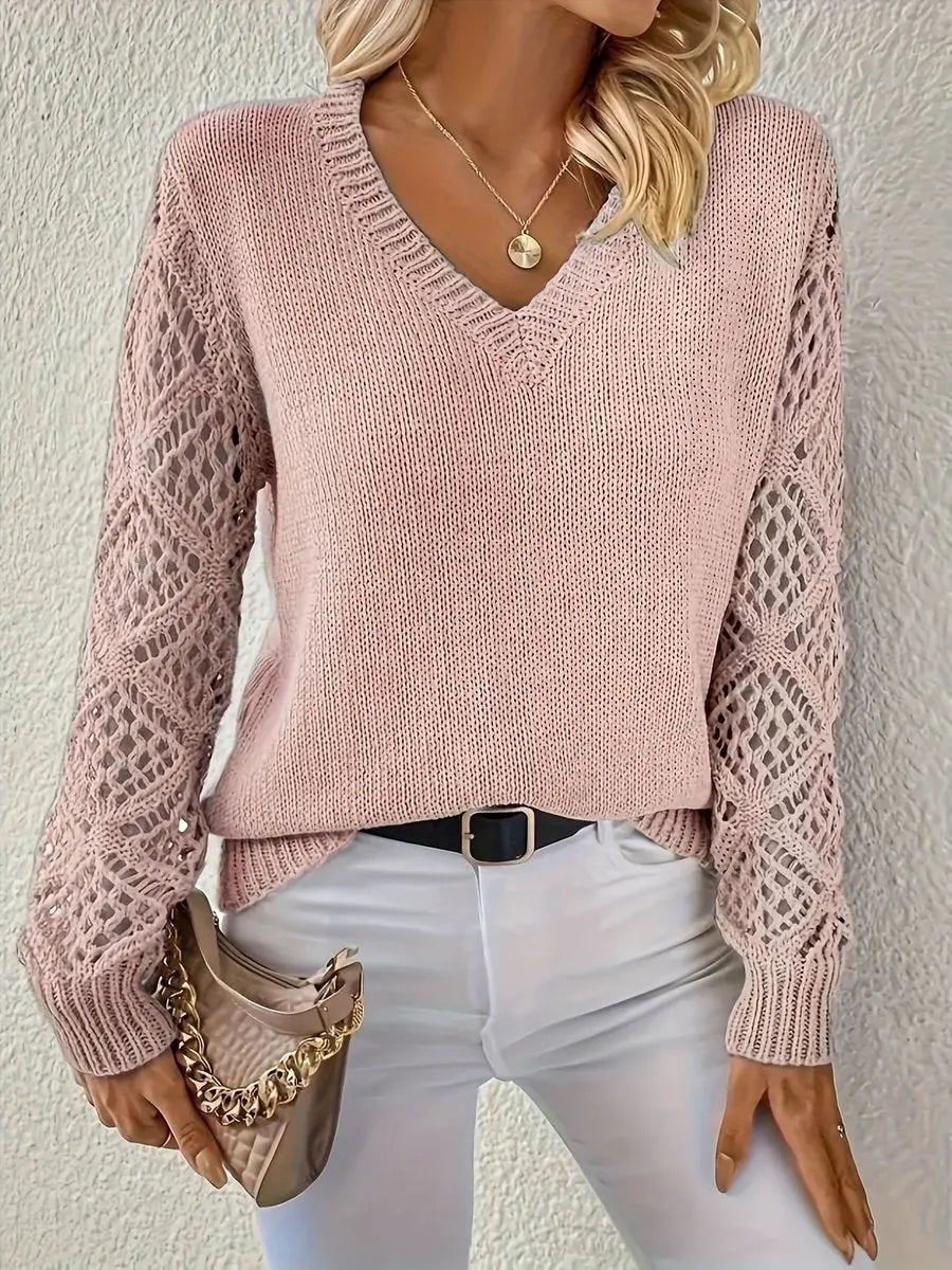 V-Neck Openwork Sleeve Knit Jumper